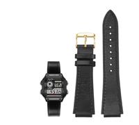 18MM Retro Genuine Leather Convex Mouth Watchband Fit for Casio AE1200 AE1300 A158W/A168 W-216H(Black-gold)