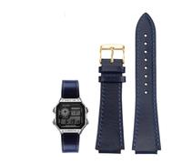 18MM Retro Genuine Leather Convex Mouth Watchband Fit for Casio AE1200 AE1300 A158W/A168 W-216H(Blue-gold)