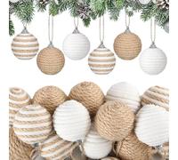 18pcs 1.57'' Mini Christmas Ball Ornament, Linen, Cream White | Hanging Jute Rope Ball Ornaments, Boho Farmhouse Burlap Neutral Ornaments for Tree, Holiday Wreath Garland Wedding Home Decor