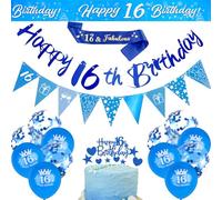 18Pcs 16th Birthday Decorations Boys Blue - Birthday Sash Banner Balloons Triangular Flags Cake Topper Ribbon, Happy 16th Birthdays Banner Bunting, 16 Birthdays Balloons 16 Party Decor (16th)