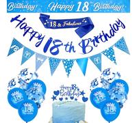 18Pcs 18th Birthday Decorations Boys Blue - Birthday Sash Banner Balloons Triangular Flags Cake Topper Ribbon, Happy 18th Birthdays Banner Bunting, 18 Birthdays Balloons 18 Party Decor (18th)