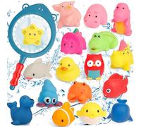 18PCS Bath Toys for Toddler, Bathtub Sound Toys, Bath Time Cute Swimming Pool Accessory, Floating Sea Animals for Baby Boy Girl Shower, Squeeze Educational Learning Gift with Fishing Net