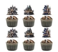 18pcs Black Glitter Haunted House Dessert Cupcake Topper Halloween Theme Decorations Men Women Happy Birthday Weeding Anniversary Party Decor Supplies