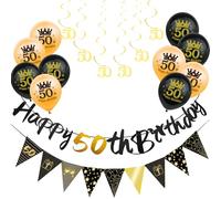 18Pcs Black Gold 50th Birthday Decorations for Him,Men,50th Birthday Banner Triangle Flag Bunting Black Gold Foil 50 Hanging Swirls,50th Birthday Balloons for Men Him Birthday Party Decoration Pack