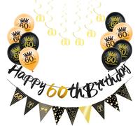 18Pcs Black Gold 60th Birthday Decorations for Him,Men,60th Birthday Banner Triangle Flag Bunting Black Gold Foil 60 Hanging Swirls,60th Birthday Balloons for Men Him Birthday Party Decoration Pack