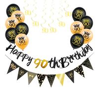18Pcs Black Gold 90th Birthday Decorations for Him,Men,90th Birthday Banner Triangle Flag Bunting Black Gold Foil 90 Hanging Swirls,90th Birthday Balloons for Men Him Birthday Party Decoration Pack