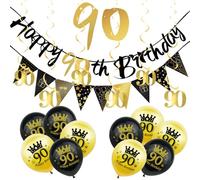 18Pcs Black Gold 90th Birthday Decorations for Him - Triangle Flag Bunting with 90 Hanging Swirls, Balloons for Men's Birthday Party Pack