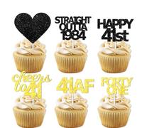 18pcs Black Gold Glitter Dessert Cupcake Pick for Straight Outta 1984 Cheer to 41 Years Old Theme Decor Supplies Happy 41st Birthday Party Decoration