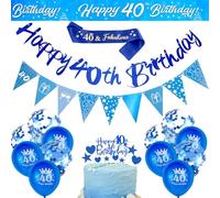 18Pcs Blue Birthday Decorations Boy - 40th Banner Balloons Triangle Flags Cake Topper Ribbon, Happy 40th Birthday Banner Cloth Lettter - Letax Balloons 40 Birthdays Party Decorations (40th birthday)