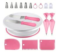 18pcs Cake Decorating Set-Non-Slip Turntable with 6 Piping Tips,Scrapers&Tools for Professional Baking,Kitchen Accessories Decorating Tools(Pink)
