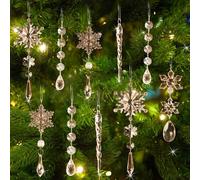 18pcs Crystal Christmas Ornaments for Christmas Tree Decorations-Champagne Hanging Acrylic Snowflake and Icicle Ornaments with Drop Pendants for Christmas Tree New Year Party Decorations Supplies