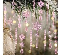 18pcs Crystal Christmas Ornaments for Christmas Tree Decorations-Pink Hanging Acrylic Snowflake and Icicle Ornaments with Drop Pendants for New Year Party Decorations Supplies