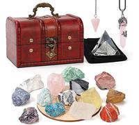 18Pcs Crystals and Healing Stones Set Include 14 Healing Chakra Stones, Natural Quartz Pendulum, Spiritual Crystal Necklace, Gift Wooden Box for Meditation, Yoga, Collection