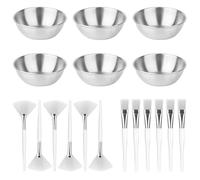 18pcs Esthetician Facial Supplies Set, Including 6 Gold Stainless Steel Bowls, 6 Fan Brushes & 6 Flat Brushes Face Mask Applicator Facial Mask Mixing Bowl Set Essential Tool for Women Spa (Silver)