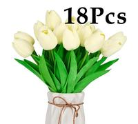 18Pcs Fake Tulips Yellow Realistic Flowers Real Touch Pu Artificial Tulips With Stems Light Yellow Fake Spring Flowers For Home