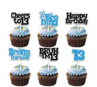 18pcs Glitter Blue Bro 13 Years Old Dessert Cupcake Topper Cheer to13th Bruh I'm Thirteen Theme Anniversary Party Decoration for Men Women Happy Birthday Decor Supplies