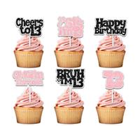 18pcs Glitter Pink Sis 13 Years Old Dessert Cupcake Topper Cheer to 13th Bruh I'm Thirteen Theme Anniversary Party Decoration for Men Women Happy Birthday Decor Supplies