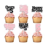 18pcs Glitter Pink Sis 5 Years Old Dessert Cupcake Topper Cheer to 5th Bruh I'm Five Theme Anniversary Party Decoration for Men Women Happy Birthday Decor Supplies