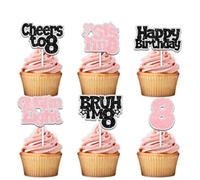 18pcs Glitter Pink Sis 8 Years Old Dessert Cupcake Topper Cheer to 8th Bruh I'm Eight Theme Anniversary Party Decoration for Men Women Happy Birthday Decor Supplies