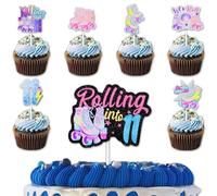 18pcs Glitter Roller Skates 12pcs Cupcake Topper 1pcs Cake Topper Pick for 80s 90s Retro Hip Hop Roller Skating Roll into 11 Theme Decor Supplies Happy 11th Birthday Party Decorations