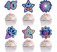 18pcs Glow 40th Cupcake Topper Set Neon Happy Birthday Colorful Glitter Star Black Light Decoration, Let's Go Crazy Glow Theme Party, Anniversary Party, Birthday Party, Birthday Gift for Men and Women