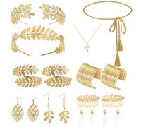 18Pcs Gr oddess Costume Accessories Set Including Golden Laurel Leaf Crown Coil Bracelet Upper Arm Cuff Leaf Drop Earrings Necklace Tassel Belt and Headpiece for Cosplay Costume Party Themed Event