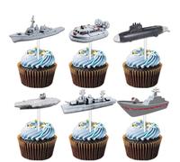 18pcs Grey Glitter Naval Vessel Dessert Cupcake Topper Nautical Warship Sailing Sea Ocean Navy Boat Happy Birthday Party Theme Decoration Decor Favour Supplies Set