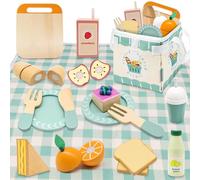 18PCS Kitchen Pretend Toy, Wooden Role Play Cutting Fruit Food Toy with Dessert, Juice, Foldable Picnic Basket, Educational Gift Toy for Kid Girl Boy Toddler Age 3 4 5 Outdoor Indoor