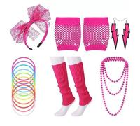 18Pcs Ladies 80s Accessories Kit - Pink 80s Fancy Dress for Women with Lightning Earrings, Necklace, Fishnet Gloves & Headband for Retro Parties, Halloween, Cosplay & Themed Events