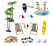 18Pcs Miniature Beach Figurines Set, Summer Beach Dolls House Accessories, Dollhouse Beach Accessories with Palm Trees Mini Umbrellas Deckchairs Table Drinks for Micro Landscape Seaside Decor (A)