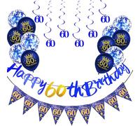 18Pcs Navy Blue 60th Birthday Party Decorations for Him - Triangle Flag Bunting, Foil Swirls and Balloons Pack for Men