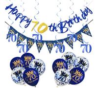 18Pcs Navy Blue 70th Birthday Decorations for Him - Triangle Flag Bunting, Foil 70 Hanging Swirls, Balloons for Men Boys Birthday Party Pack