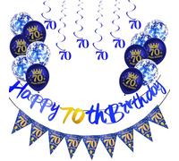 18Pcs Navy Blue 70th Birthday Party Decorations for Men - Banner, Triangle Flag Bunting, Foil Hanging Swirls and Balloons Pack