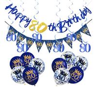 18Pcs Navy Blue 80th Birthday Decorations for Him - Triangle Flag Bunting with 80 Hanging Swirls, Balloons for Men's Birthday Party Pack