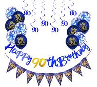 18Pcs Navy Blue 90th Birthday Decorations for Him,Men,90th Birthday Banner Triangle Flag Bunting Navy Blue Foil 90 Hanging Swirls,90th Birthday Balloons for Men Him Birthday Party Decoration Pack
