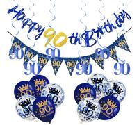 18Pcs Navy Blue 90th Decorations for Him - Triangle Flag Bunting with 90 Hanging Swirls, Balloons for Men's Birthday Party Pack