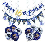 18Pcs Navy Gold Happy 16th Birthday Decorations Set - Women's 16th Birthday Balloons, Number 16 Hanging Swirls Banner Triangle Flag Banner for Party Decorations