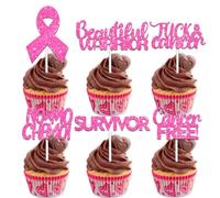 18pcs Pink Glitter Dessert Cupcake Topper Pick for Cancer Chemo Free Survivor Warrior Theme Decor Supplies Breast Cancer Breast Care Awareness Birthday Party Decorations