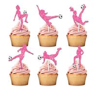 18pcs Pink Glitter Football Girls Dessert Cupcake Topper Pick for Soccer World Cup Theme Decorations Women Girls Athletes Happy Birthday Party Decor Supplies