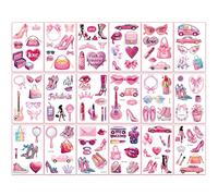 18PCS Pink Party Temporary Tattoos for Girls - Cute Mirror,Lipstick,Necklace,Car,Heart Designs, Waterproof Fake Tattoos for Kids Birthday Party Favors,Sleepover Activities,Girls’ Party Supplies