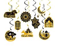 18Pcs Ramadan Eid Mubarak Decorations,Ramadan Hanging Swirls Shining Black Gold Star Moon Lantern Ceiling Foil Eid Mubarak Hanging Decoration for Kareem,Muslim Islamic Festival,Eid Al-fitr Party