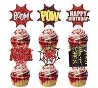 18pcs Red Glitter Dessert Cupcake Topper Pick for Hero Theme Decor Supplies Men Women Happy Birthday Party Decoration