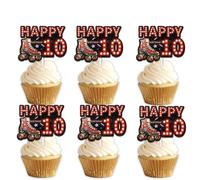 18pcs Red Glitter Neon Light Happy Birthday 10 Roller Skates Dessert Cupcake Topper Pick for 80s 90s Retro Hip Hop Roller Skating Theme Decor Supplies Boys Girls Happy 10th Birthday Party Decorations