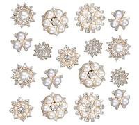 18PCS Rhinestone Pearl Buttons Sparkle Assorted Small Crystal Snowflake Flower Brooch Pins Silver Crafts Charm Embellishment, Wedding Bouquet Brooches for Women DIY Clothes Bags Shoes Decoration