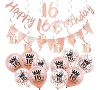 18Pcs Rose Gold 16th Birthday Decorations for Her, Girls - Banner, Triangle Flag Bunting, Foil Hanging Swirls, Balloons for Party Decoration Pack