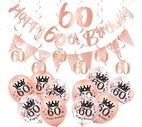18Pcs Rose Gold 60th Decorations for Her - Triangle Flag Bunting, Balloons & Swirls for Women's 60th Birthday Party