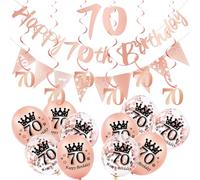 18Pcs Rose Gold 70th Decorations for Her, Triangle Flag Bunting, Balloons for Women's 70th Birthday Party Pack