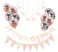 18Pcs Rose Gold 90th Birthday Decorations for Her,Women,90th Birthday Banner Triangle Flag Bunting Rose Gold Foil 90 Hanging Swirls,90th Birthday Balloons for Women Birthday Party Decoration Pack