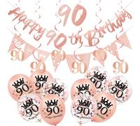 18Pcs Rose Gold 90th Decorations for Her, Triangle Flag Bunting with 90 Hanging Swirls, Balloons for Women's Birthday Party Pack