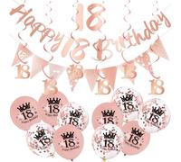 18Pcs Rose Gold Birthday Decorations for Her, Girls - Banner, Triangle Flag Bunting, Foil 18 Hanging Swirls, Balloons for 18th Party Decoration Pack